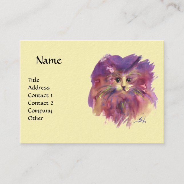 CARTE DE VISITE CHATON JAUNE VIOLET, PORTRAIT DE CHAT (Devant)