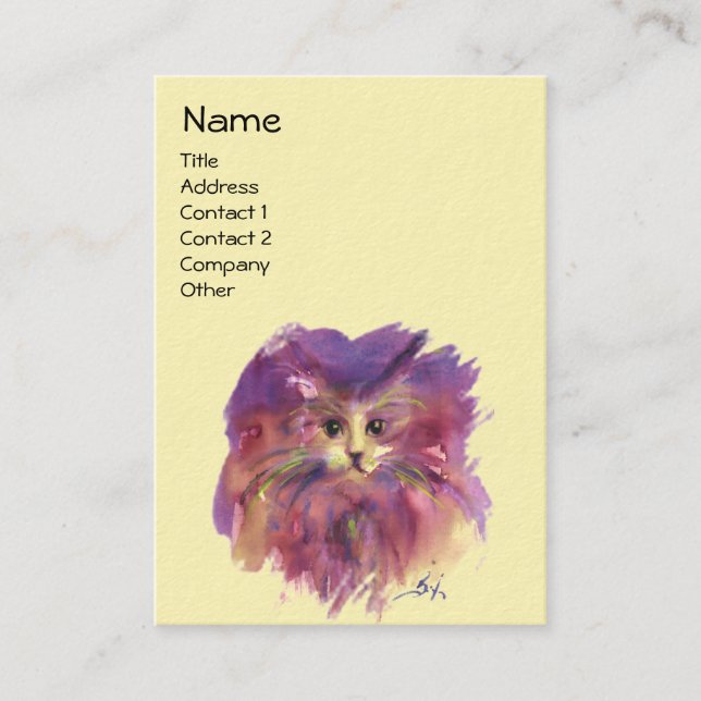 CARTE DE VISITE CHATON JAUNE VIOLET, PORTRAIT DE CHAT (Devant)