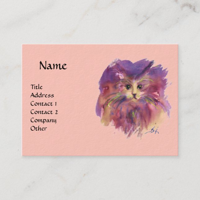 CARTE DE VISITE CHATON ROSE VIOLET,PORTRAIT DE CHAT (Devant)