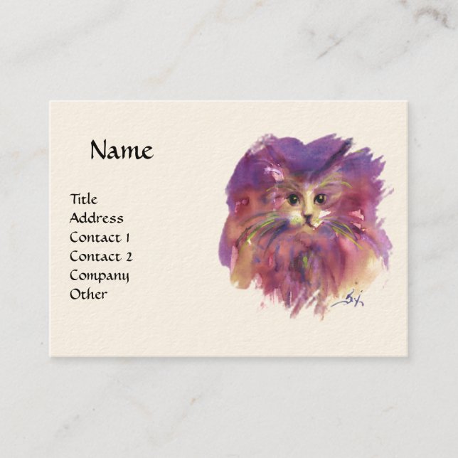 Carte De Visite CHATON VIOLET, PORTRAIT DE CHAT, Blanc Crème (Devant)