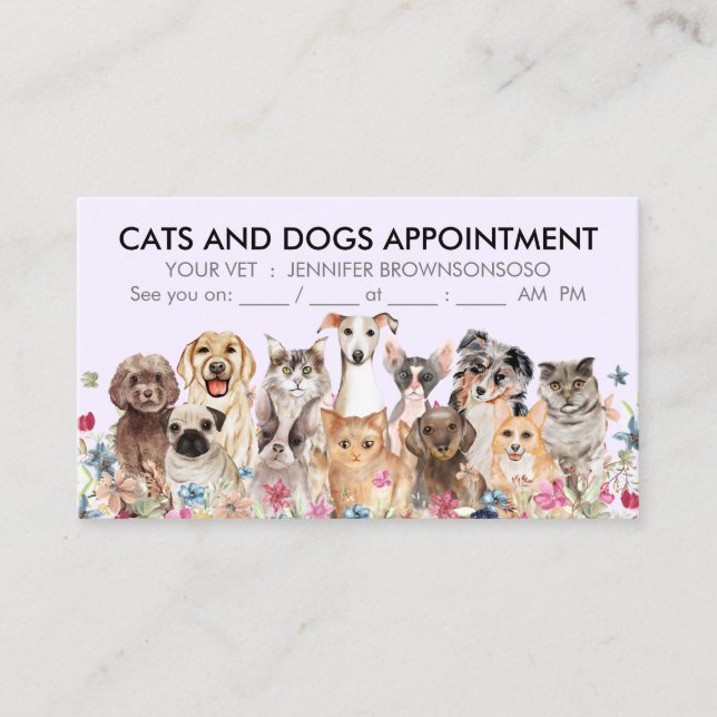 Carte De Visite Chatons et chiens illustrés de fleurs violettes li (Devant)