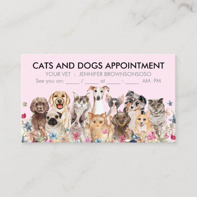 Carte De Visite Chats et chiens illustrés à fleurs roses (Devant)