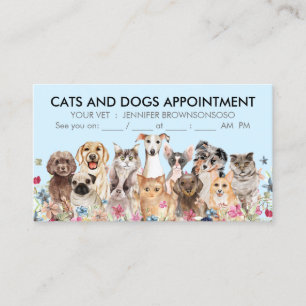 Carte De Visite Chats et chiens illustrés à motifs floraux bleus