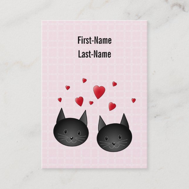 Carte De Visite Chats noirs mignons avec des coeurs, sur pâle - (Devant)