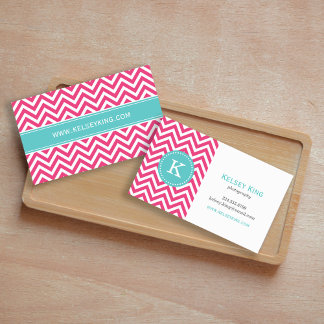Carte De Visite Chaud rose et turquoise Chevron Monogramme