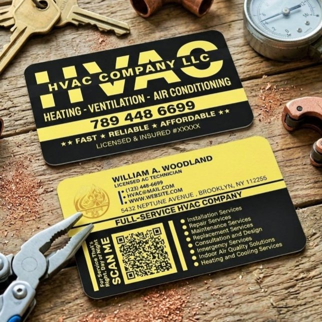 Carte De Visite Chauffage & Climatisation | Meilleur système CVC d (black and gold contractor cards, custom heating and cooling cards, HVAC business cards with QR)