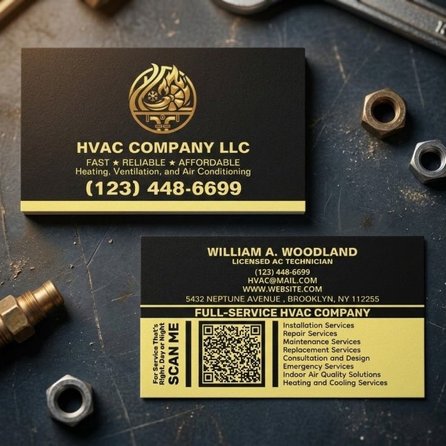 Carte De Visite Chauffage & Climatisation & Traitement de l'Air |  ( premium company heating and cooling cards, high-end ac contractor cards, black and gold hvac brand)