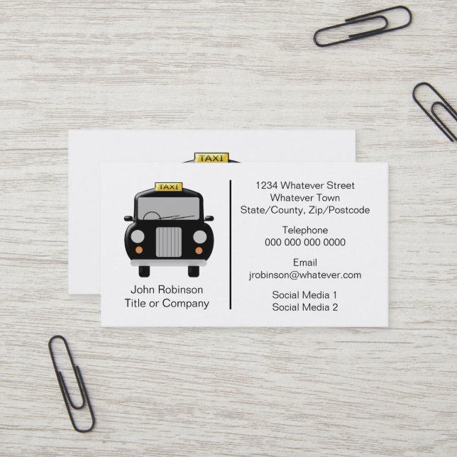 Carte De Visite Chauffeur de Taxi Black Cab Design (Devant/Arrière en situation)