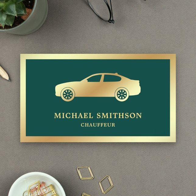 Carte De Visite Chauffeur professionnel de voiture dorée vert fonc (Créateur téléchargé)