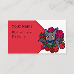 Carte De Visite Chauve-souris mignonne Kawaii avec framboises roug