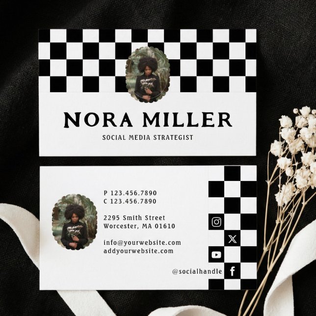 Carte De Visite Checkered Pattern Social Media Influencer Photo (Checkered Pattern Social Media Influencer Photo Business Card)