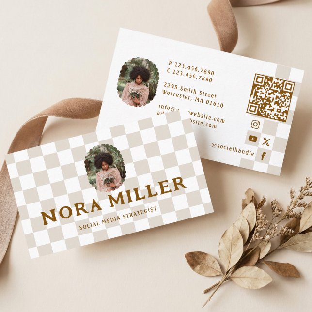 Carte De Visite Checkered Pattern Social Media Influencer Photo QR (Checkered Pattern Social Media Influencer Photo QR Business Card)