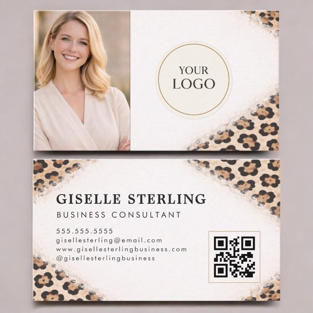 Carte De Visite Cheetah Leopard Print Logo Photo QR Code (Créateur téléchargé)