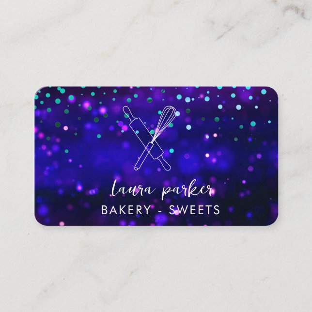 Carte De Visite Chef boulangerie avec Whisk Rolling Pin violet ble (Devant)