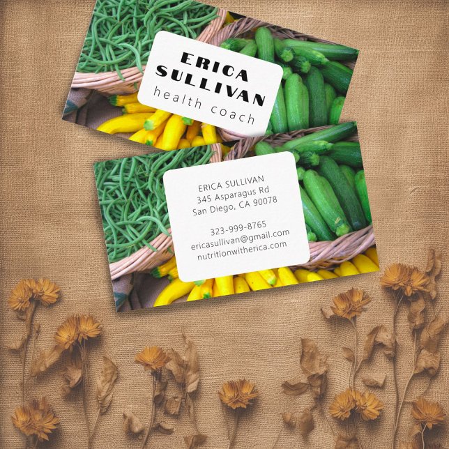 Carte De Visite Chef d'entraîneur nutritionniste en santé Zucchini (Beautiful veggies at farmers market photo business card for nutritionists & chefs, customize it!)