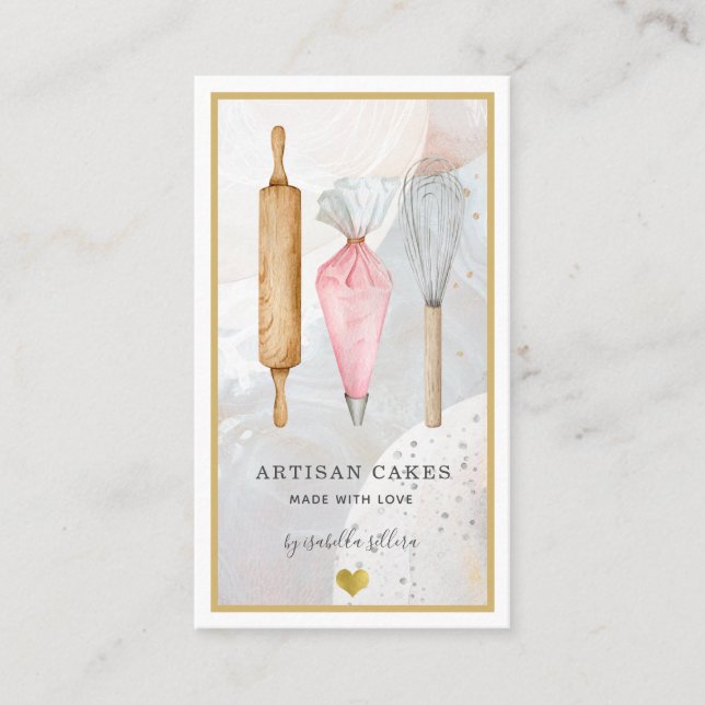 Carte De Visite Chef pâtissier Baker Pink Gold Aquarelle Ustensile (Devant)