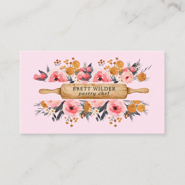Carte De Visite Chef pâtissier Baker Rolling Pin Floral Rose (Devant)
