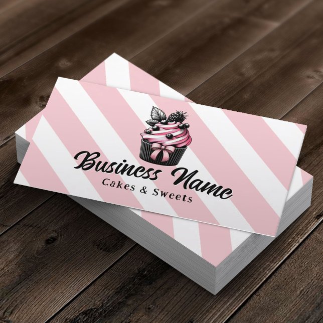 Carte De Visite Chef pâtissier Cute Cupcakes Pink Stripes Boulange (Créateur téléchargé)