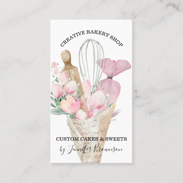 Carte De Visite Chef Pâtissier Fleurs Roses Bohème (Devant)