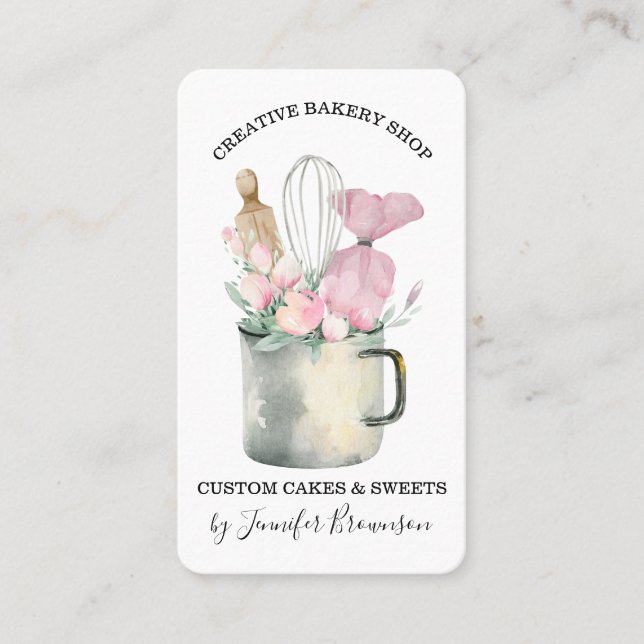 Carte De Visite Chef Pâtissier Fleurs Roses Bohème Chic (Devant)