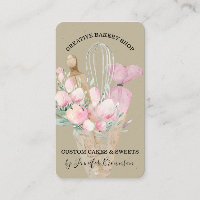 Carte De Visite Chef Pâtissier Fleurs Roses Boho artisanat (Devant)