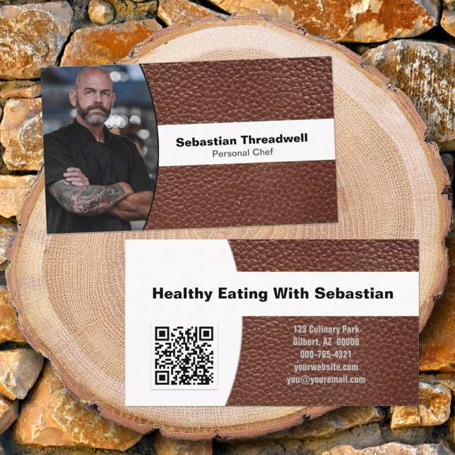 Carte De Visite Chef personnalisé Photo Brown Cuir QR Code (front and back of double-sided business card)