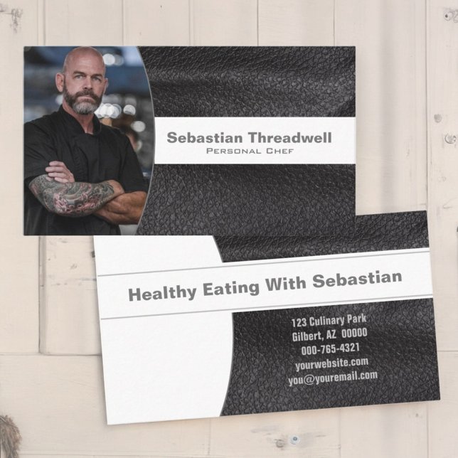 Carte De Visite Chef personnel Cuir noir Photo personnalisée (business card front and back)