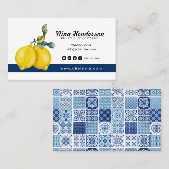 Carte De Visite Chef personnel ou restaurant Lemon & Blue Tile (Devant / Derrière)