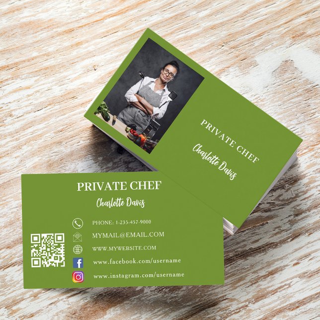 Carte De Visite Chef privé basil vert photo restauration code QR (Créateur téléchargé)
