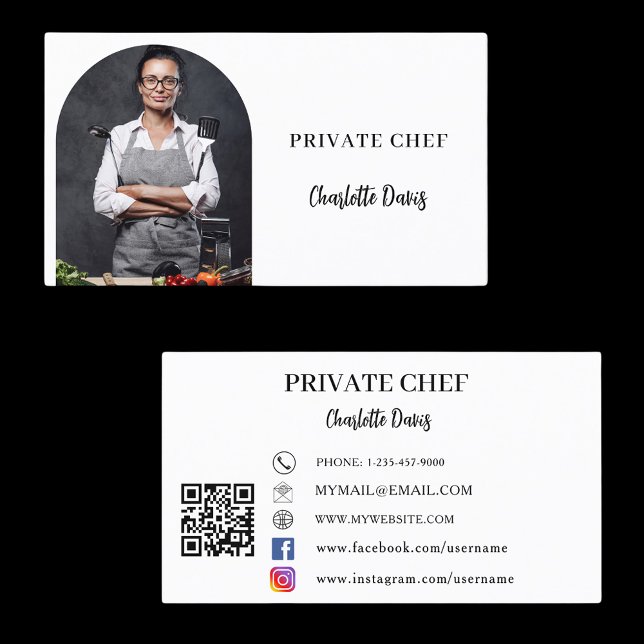 Carte De Visite Chef privé blanc noir photo arche code QR (Créateur téléchargé)