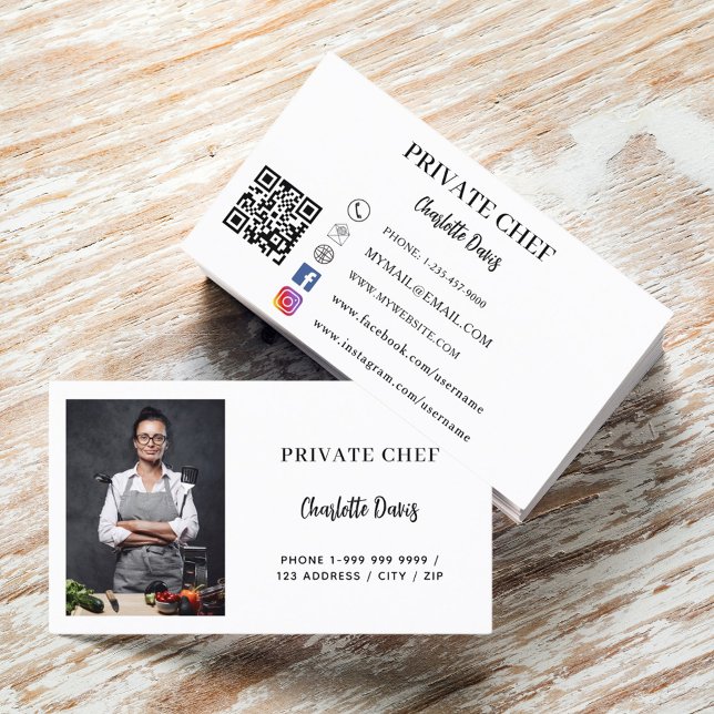 Carte De Visite Chef privé blanc noir photo traiteur code QR (Créateur téléchargé)