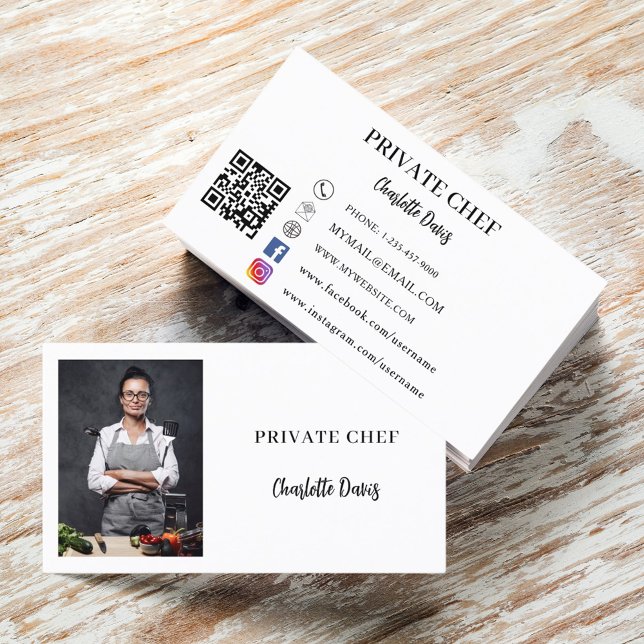 Carte De Visite Chef privé blanc noir photo traiteur code QR (Créateur téléchargé)