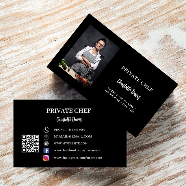 Carte De Visite Chef privé noir blanc photo traiteur code QR (Créateur téléchargé)