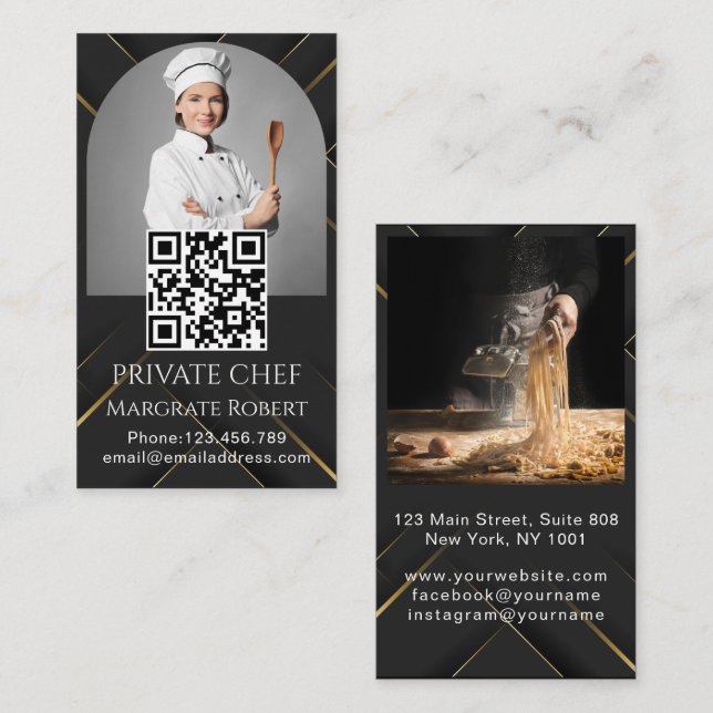 Carte De Visite Chef privé noir blanc photo traiteur code QR (Devant / Derrière)