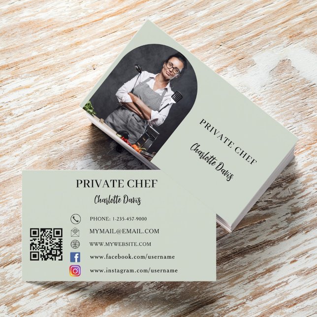 Carte De Visite Chef privé sauge vert photo arche code QR (Créateur téléchargé)