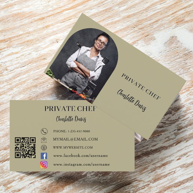 Carte De Visite Chef privé sauge vert photo arche code QR (Créateur téléchargé)