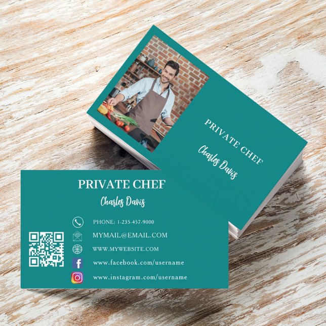 Carte De Visite Chef privé turquoise de restauration de photos ver (Créateur téléchargé)