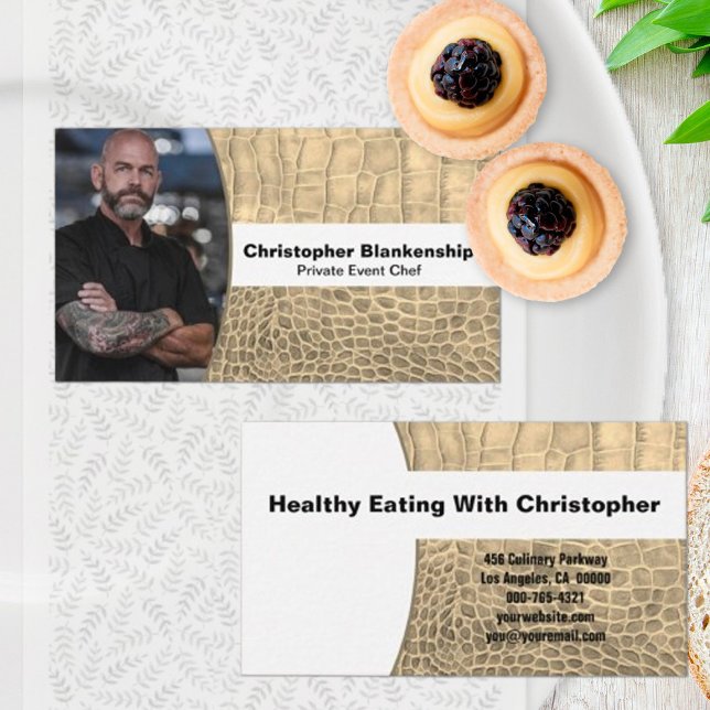 Carte De Visite Chef Tan Faux Serpent Peau Cuir Photo personnalisé (Custom photo template business card front and back)