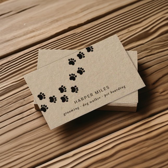 Carte De Visite Chemin de la patte de la chienne rustique (Rustic professional business card on real brown kraft paper featuring a paw path)