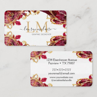 Carte De Visite Cherry Red & Gold Monogram Script