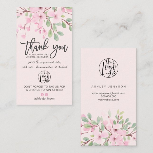 Carte De Visite Cherry sakura logo floral rose commander merci (Devant / Derrière)