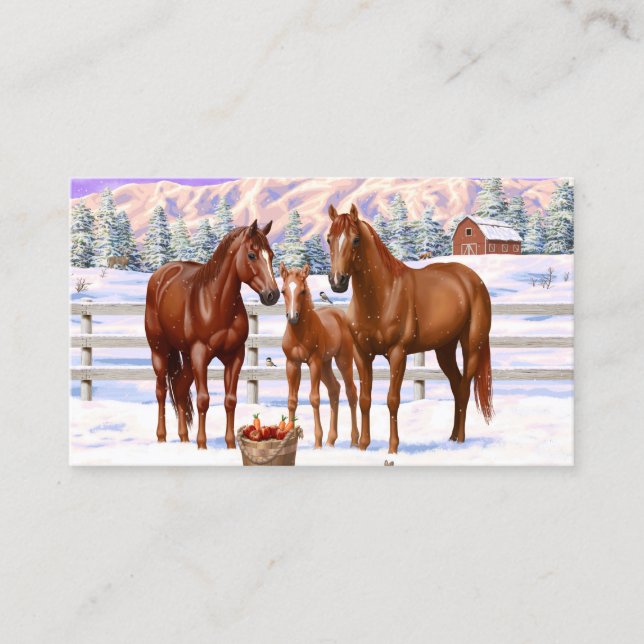 Carte De Visite Chestnut Sorrel Quarter Chevaux En Neige (Devant)