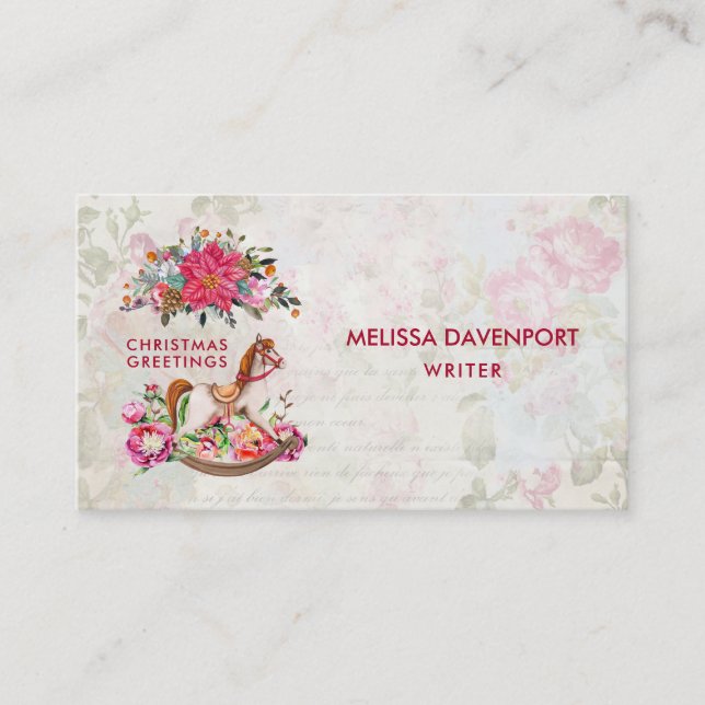 Carte De Visite Cheval rocheux victorien et Poinsettia Noël (Devant)