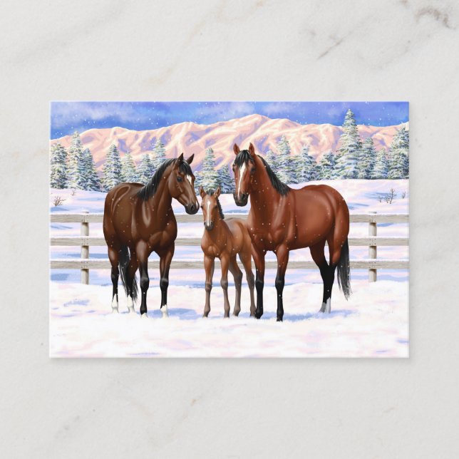 Carte De Visite Chevaux Du Quartier De La Baie Brown En Neige (Devant)
