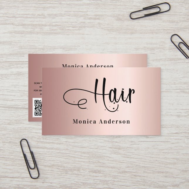 Carte De Visite Cheveux rose or blush élégant code QR script (Devant/Arrière en situation)
