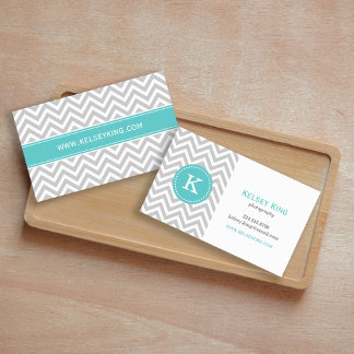 Carte De Visite Chevron gris et turquoise sur mesure Monogramme pe