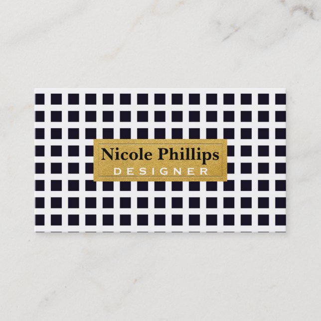 Carte de visite chic à carrés noirs sur fond blanc (Devant)