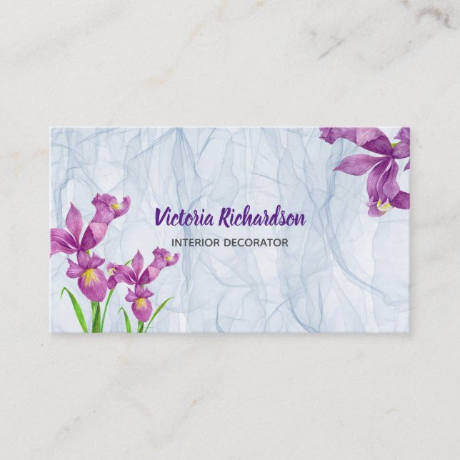 Carte De Visite Chic Aquarelle Purple Irises Floral Organza Cloche (Devant)