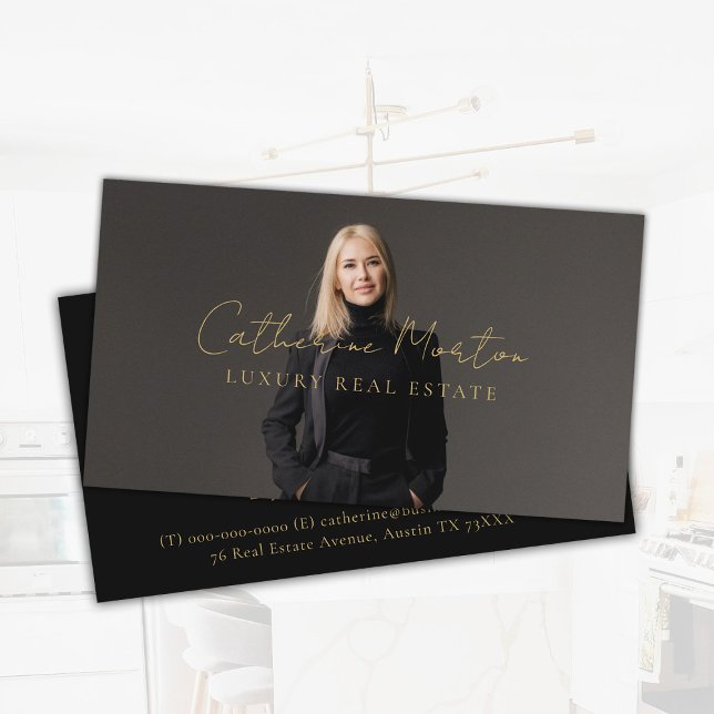 Carte De Visite Chic Black and Gold Script Luxe Immobilier (Luxury Gold Realtor Photo Real Estate Business Card)