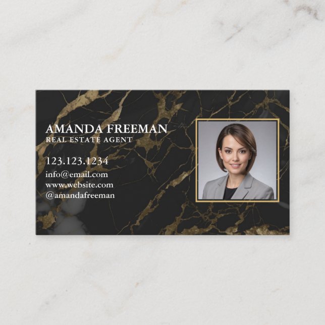 Carte De Visite Chic Black & Gold Marble Photo Agent Immobilier (Devant)